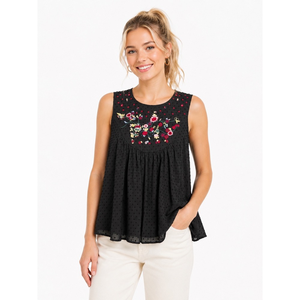 Tantrums Black Swiss Dot Floral Embroidered Sleeveless Top‎ M Festival Feminine